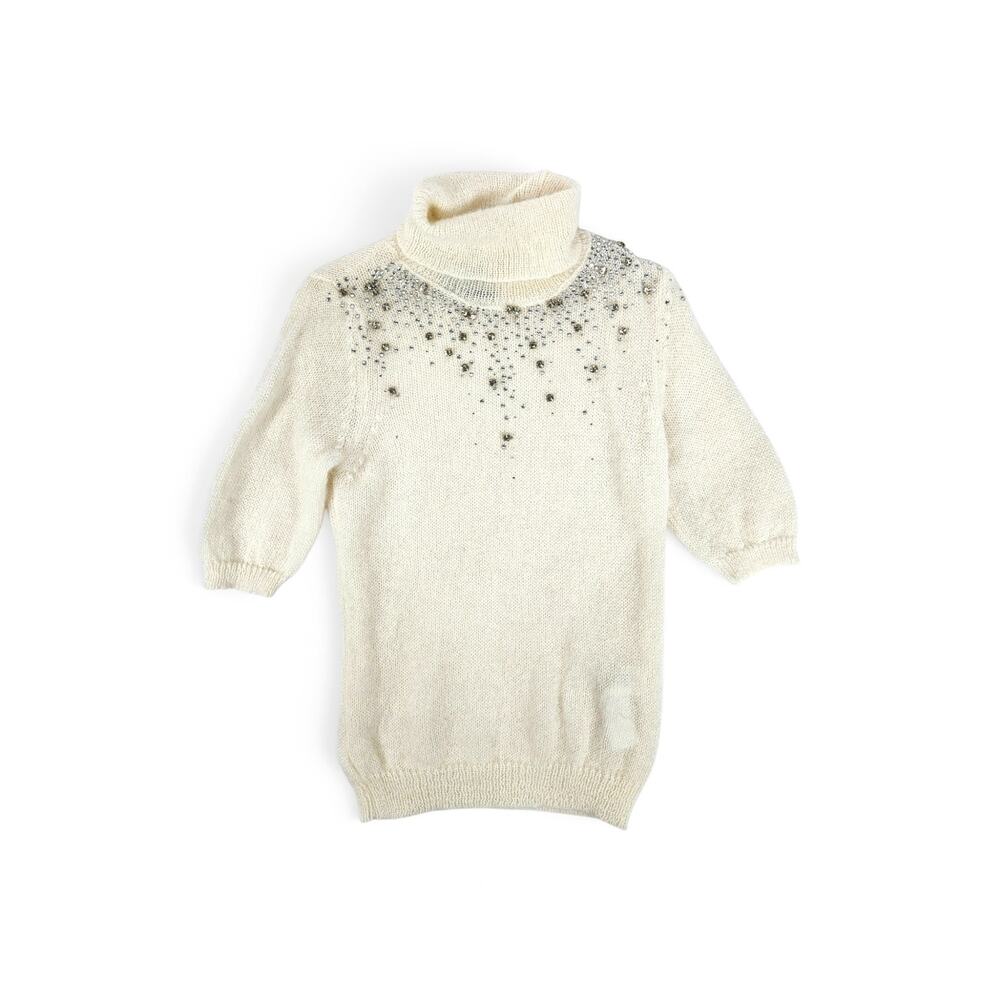 Blumarine Sweater Rhinestone White Mohair Blend Short-Sleeved - Medium